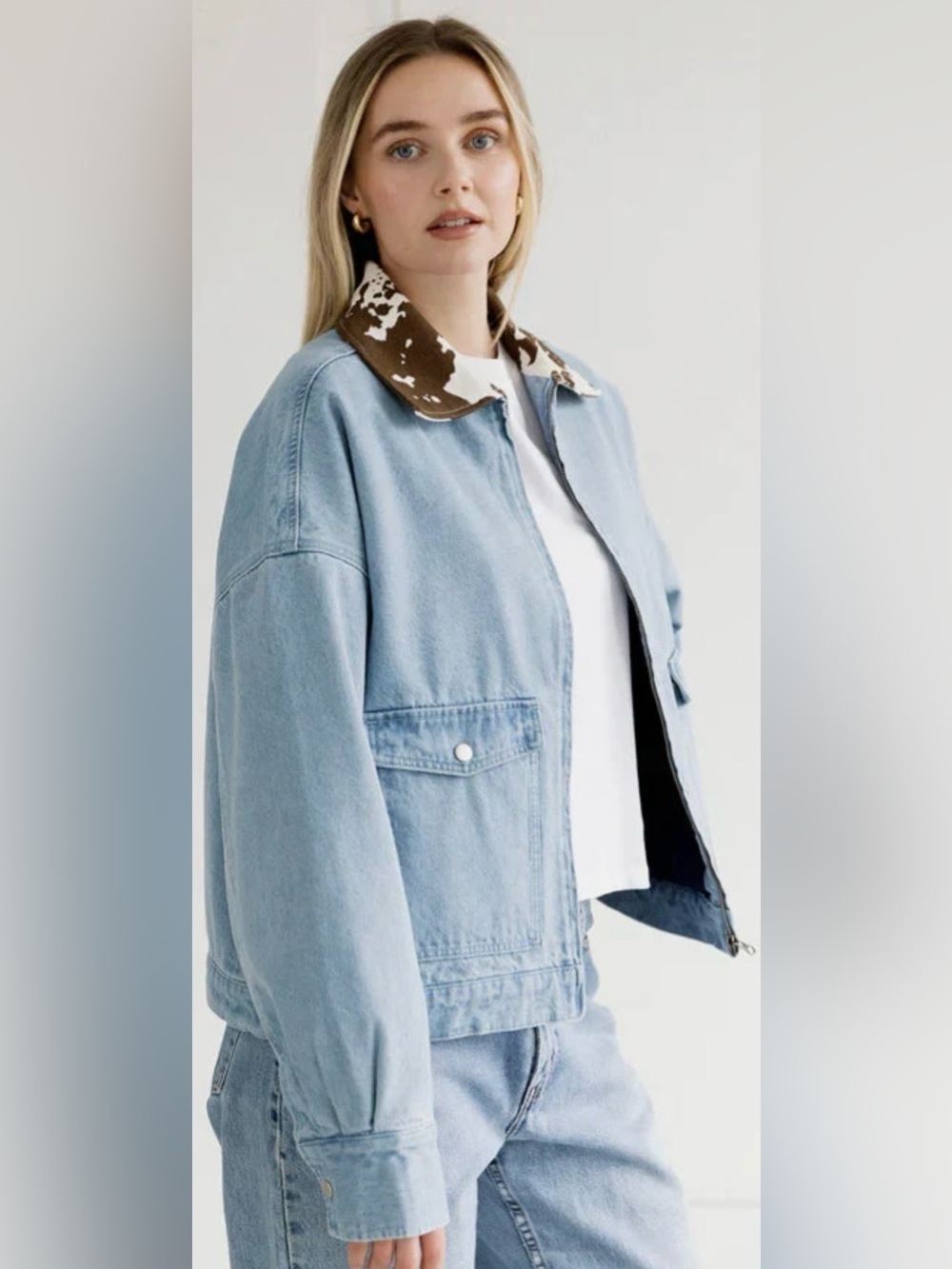 NWT - Brunette The Label Quilted Denim Jacket w Cow Collar in Vintage Blue
